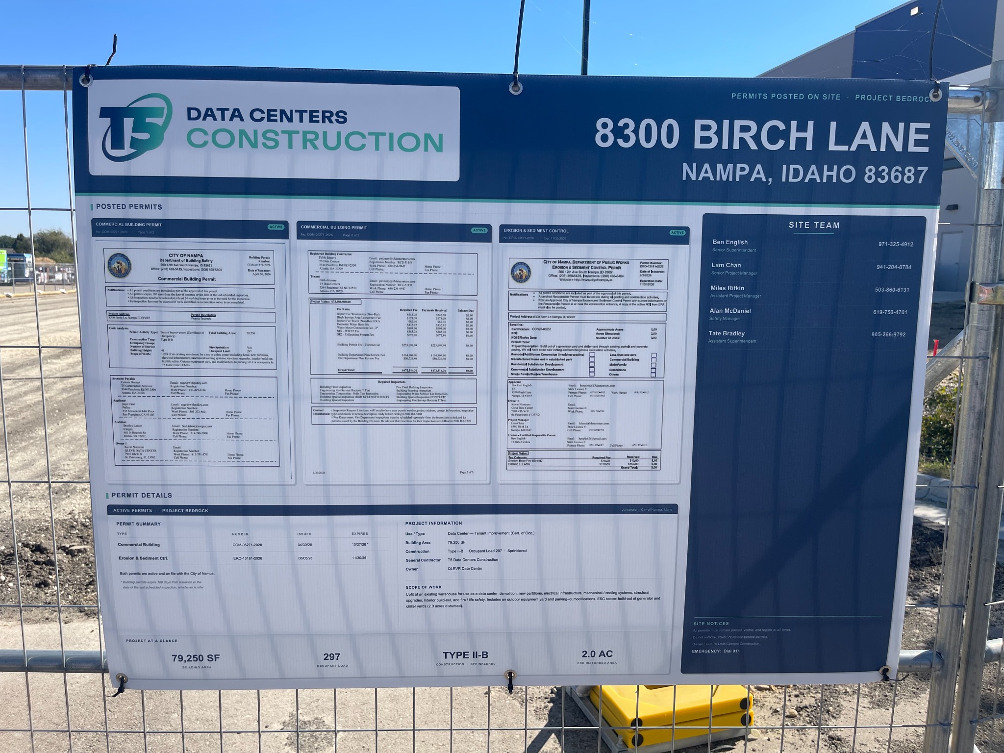 Posted Project Bedrock permit board naming T5 Data Centers Construction and 8300 Birch Lane